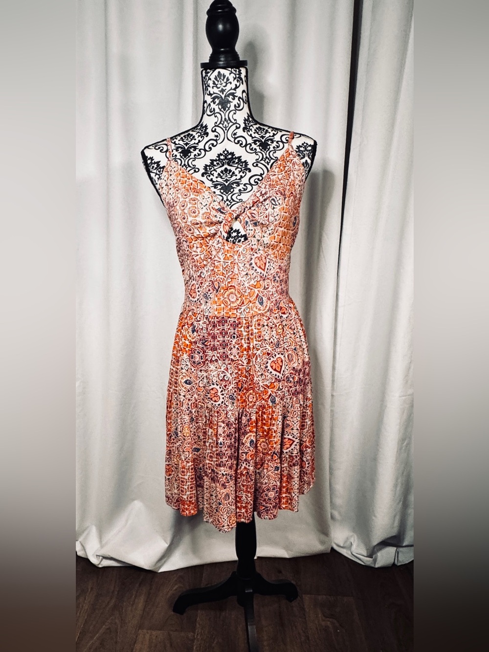 Angie Orange Paisley Knot-Front Mini Dress